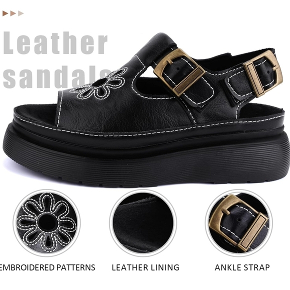 Elegant Black Floral Sandals with Buckle - Picture 2 of 6